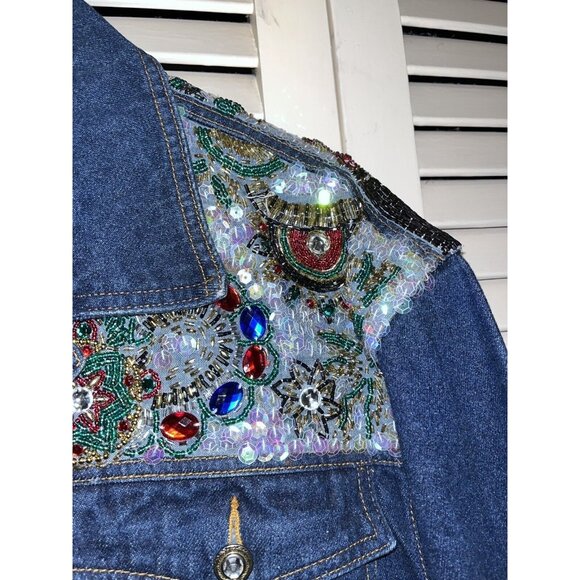 Vtg I. B. Diffusion Blue Denim Sequin Beaded Rockabilly Glam Rock SZ 8 Jacket - Picture 14 of 16
